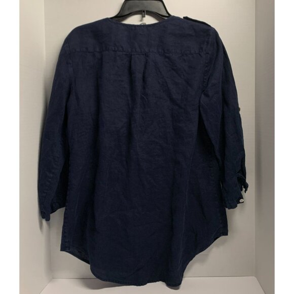 Go Silk Womens Size Large Navy Blue 3/4 Sleeve Button Up Shirt Top Roll Tab Slee - Picture 3 of 4